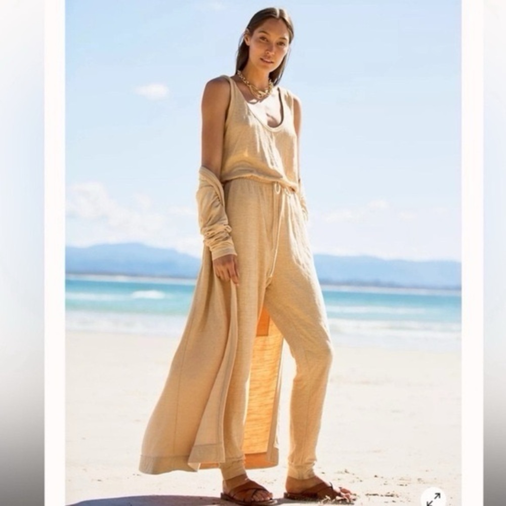 FP Beach Bi-Coastal Cardigan and Romper Set | S | Beige/ Mustard Yellow